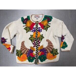 CARDIGAN BAY Hand Knit Fall Harvest Chunky Cardigan Sweater Cornucopia L Vintage